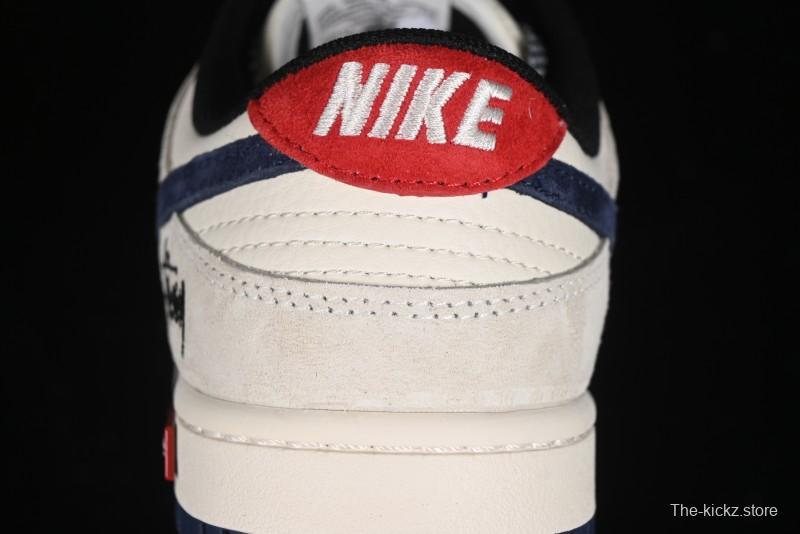 Nike SB Dunk Low Supreme x Stussy Triple Collaboration - Off White Navy Swoosh Anniversary Custom Low-Top Casual Sneakers - SJ2068-301