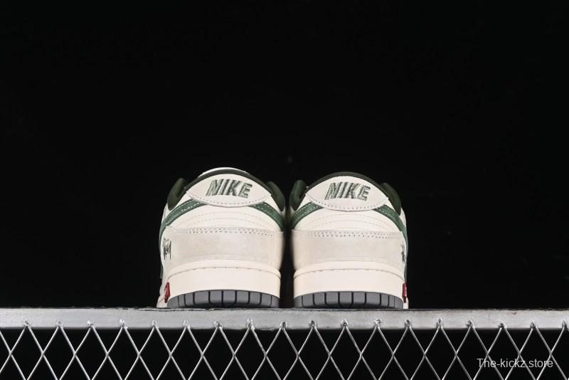 Nike SB Dunk Low Supreme x Stussy Triple Collaboration - Off White Green Swoosh Anniversary Custom Low-Top Casual Sneakers - SJ2068-303