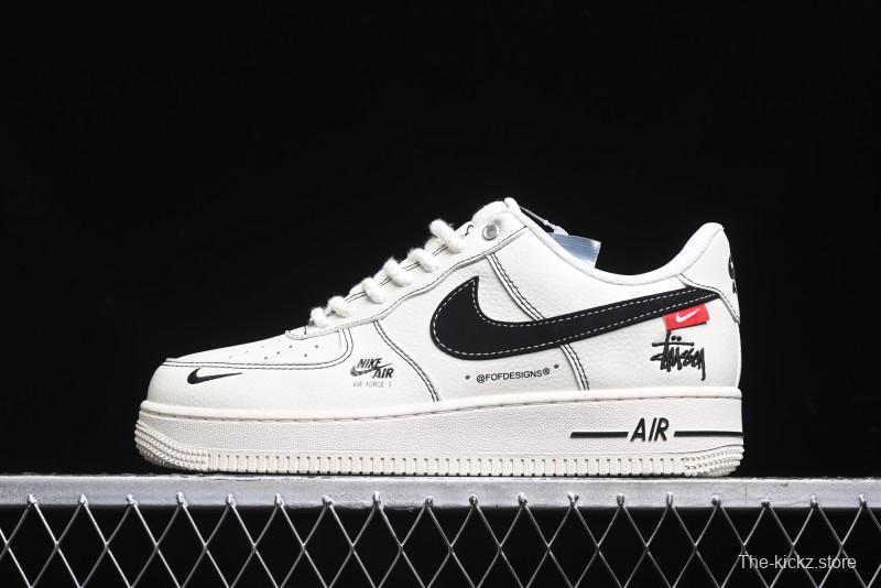 Nike Air Force 1 '07 Low Stussy Collaboration - White Black Swoosh Red Tab Low-Top Casual Sneakers - SJ6698-015