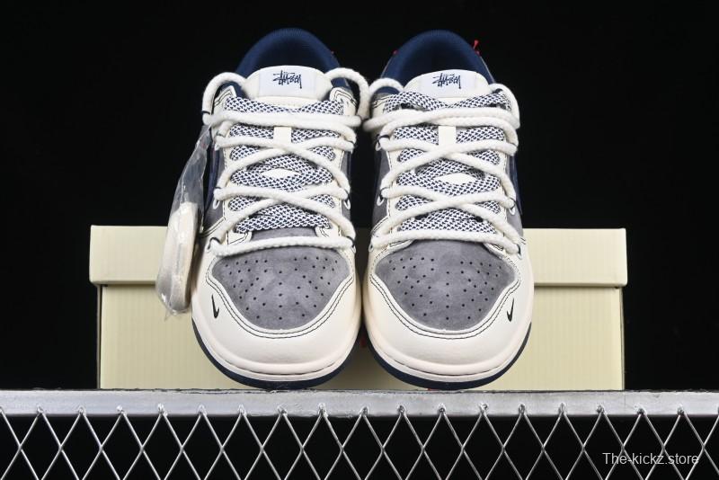 Nike SB Dunk Low Stussy Collaboration Anniversary Custom Low-Top Casual Sneakers with Strap in Beige Grey and Navy - YX5066-236