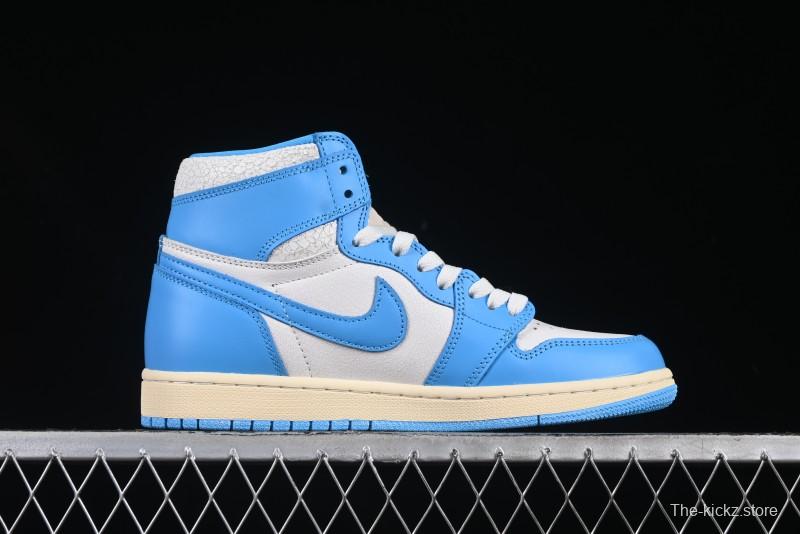 Nike Air Jordan 1 High OG "UNC Reimagined" Retro Basketball Shoes with Cracked Leather and Vintage Midsole - DZ5485-402
