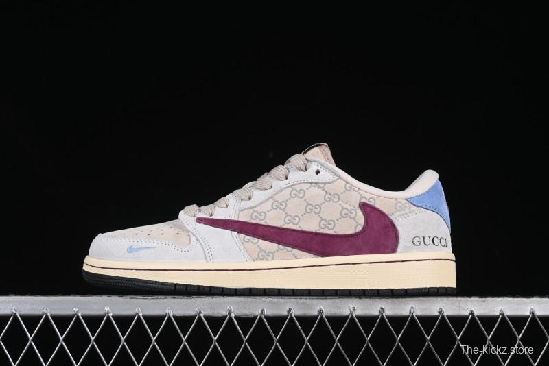 Nike Travis Scott x Fragment Design x Air Jordan 1 Low OG SP AJ1 Gucci Collaboration Low-Top Casual Sneakers with Pink Swoosh - CH6336-019