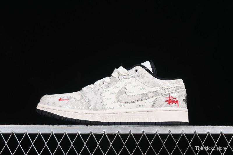 Nike Air Jordan 1 Low Retro Basketball Shoes - Stussy Grey Snake Custom - FC1688-200