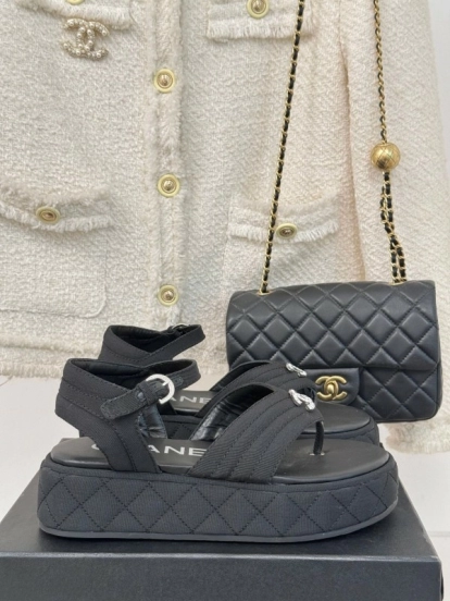 2025 Women Chanel Black Fabric Platform Sandals