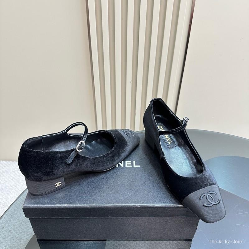 2025 Women Chanel Black Velvet Leather Mary Jane