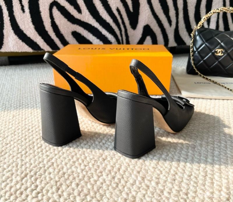 2024 Women Louis Vuitton Black Leather Slingback Heels