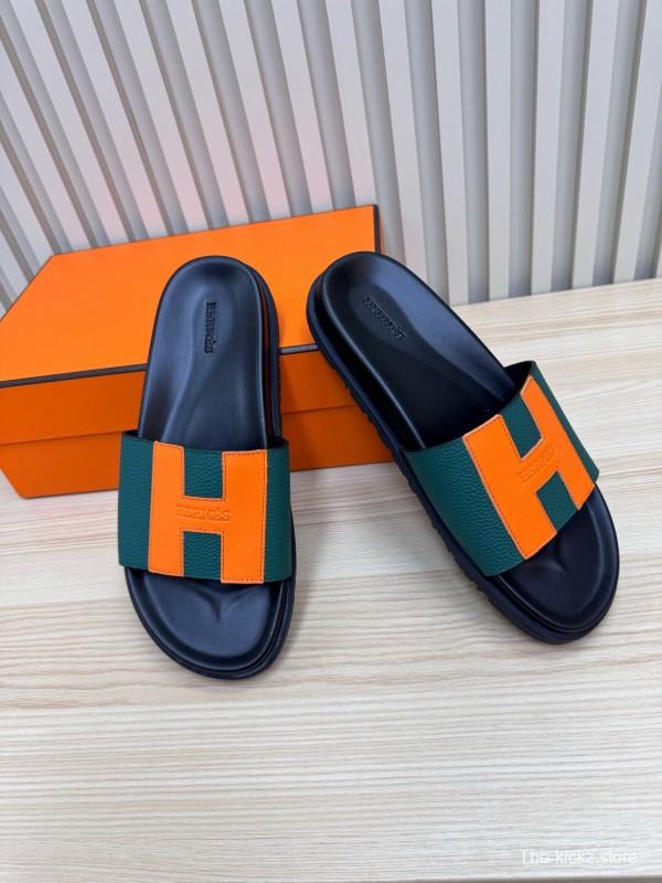 2025 Hermès Green Orange Leather Slippers