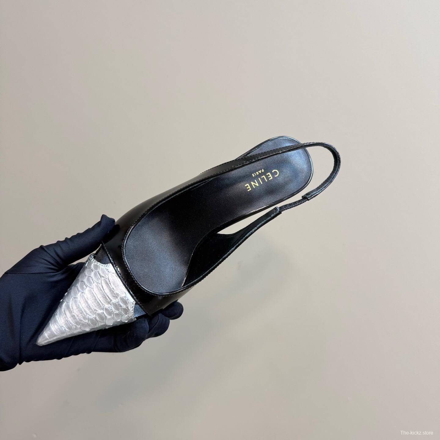 2025 Women CELINE Black White Leather Slingback Heels KFY00310