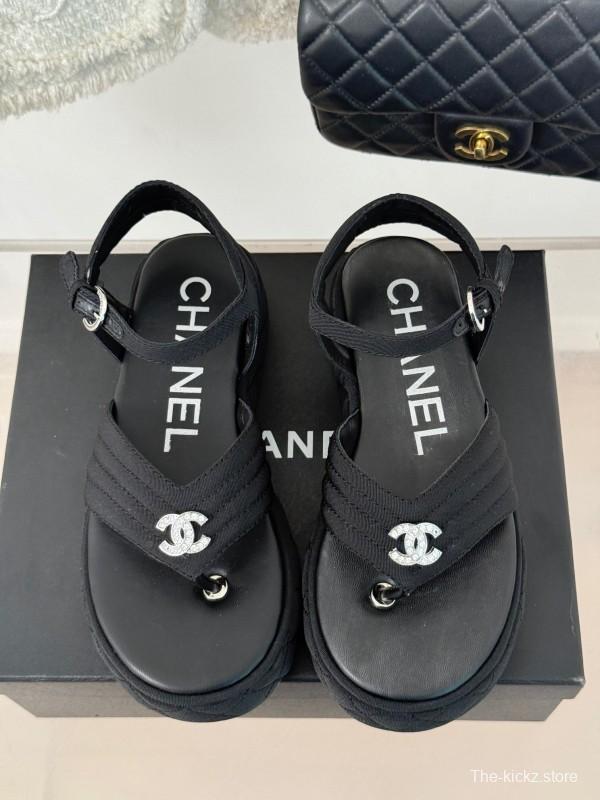 2025 Women Chanel Black Fabric Platform Sandals
