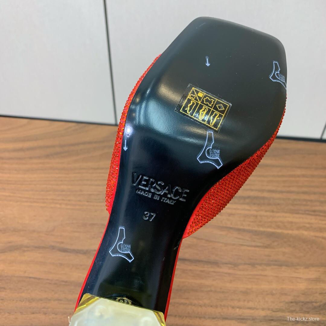 2025 Women VERSACE Red Leather Suede Slip-on Sandals
