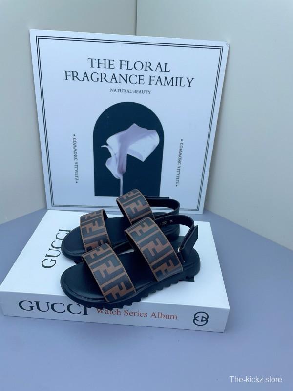 2025 Kids Fendi Brown Black Leather Sandals