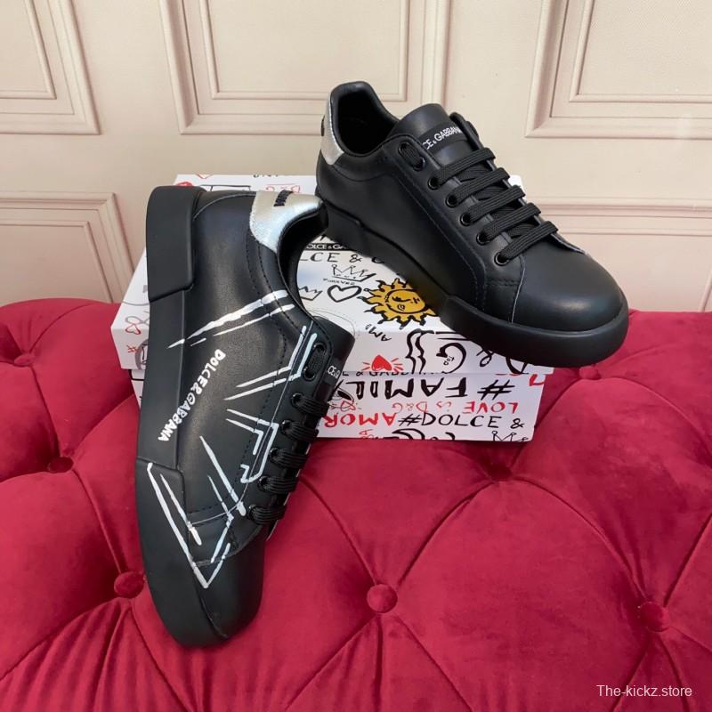 2025 Men Dolce & Gabbana Black Silver Leather Sneakers