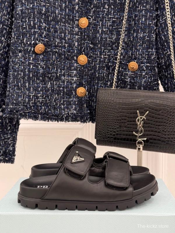 2025 Women Prada Black Leather Slippers KFY00240