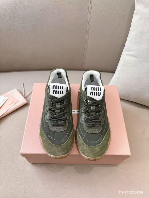2025 Women Miu Miu Olive Green Suede Leather Sneakers KFY00280