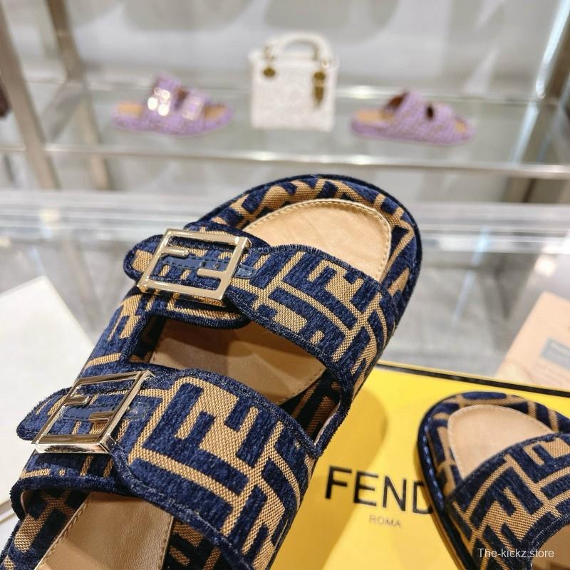2025 Slippers Fendi Blue Brown Jacquard FF Pattern MJ00230