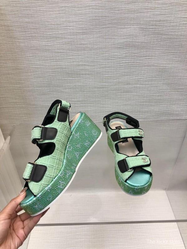 2025 Slippers Chanel Mint Green Textile Platform Sandals LY00330