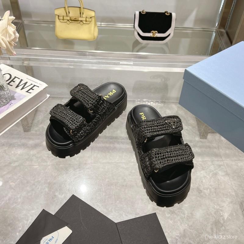 2025 Women Prada Black Woven Leather Sandals LY