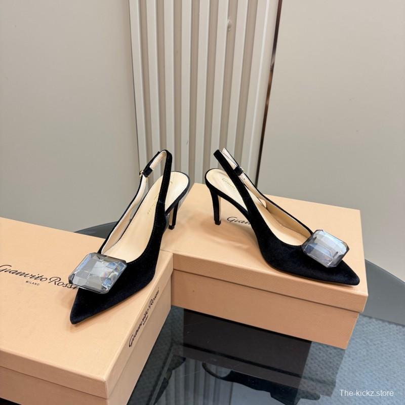 2025 Women Gianvito Rossi Black Velvet Slingback Heels Gemstone Decoration KFY00300