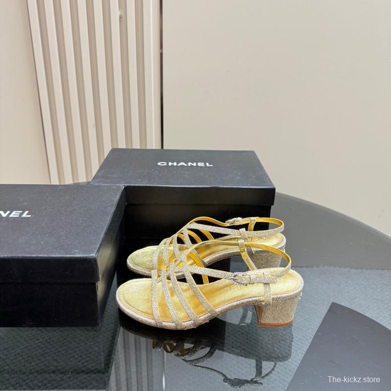 2025 Women Chanel Gold Leather Sandals KFY00290
