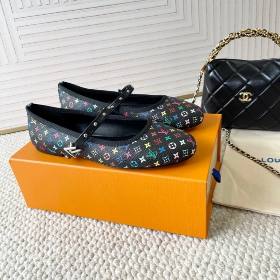 2025 Women Louis Vuitton Black Multicolor Leather Ballet Flats KFY00300