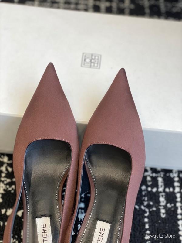 2025 Women Toteme Brown Satin Slingback Pointed Toe Heels
