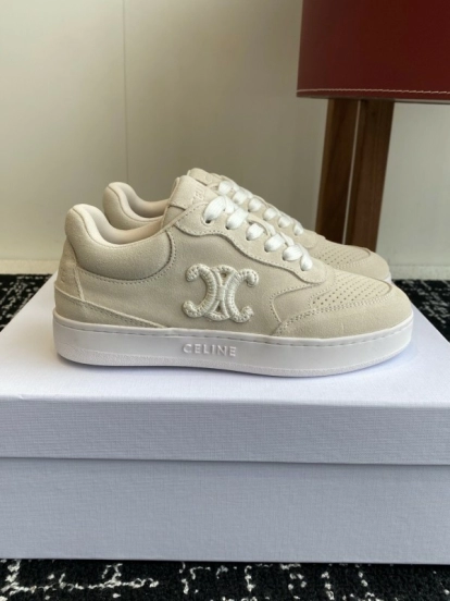 2025 Women Celine Beige Canvas Sneakers CELINE Embroidered Logo