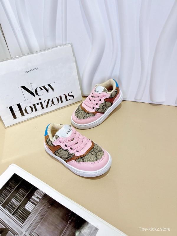 2024 Kids Gucci Pink Beige Canvas Leather Sneakers