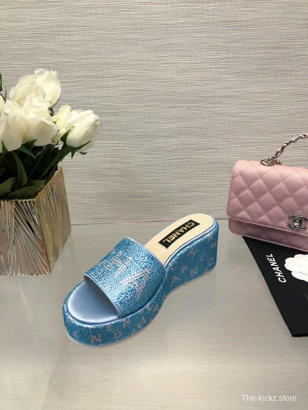 2025 Women Chanel Blue Fabric Platform Slippers LY00320