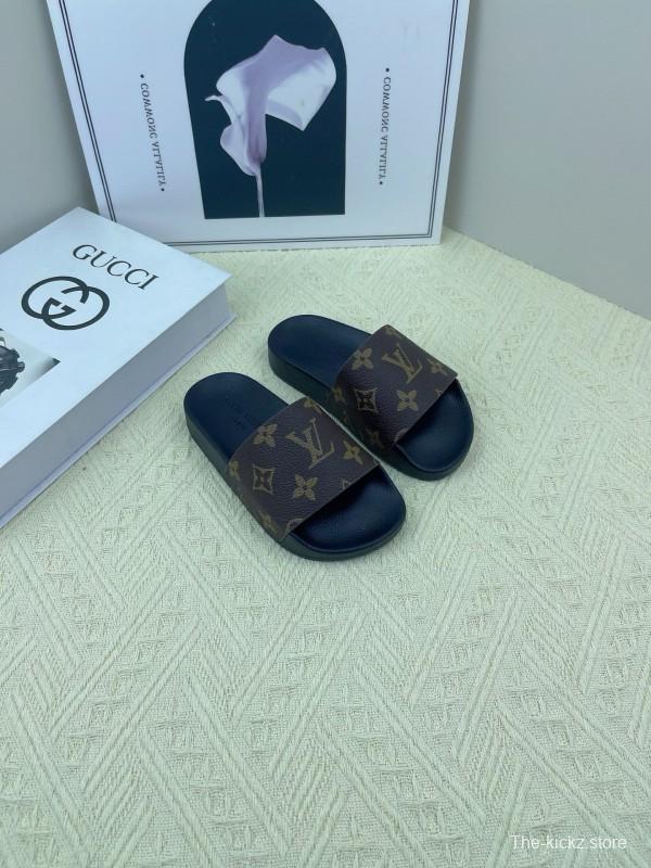 2025 Kids Louis Vuitton Brown Black Leather Slippers