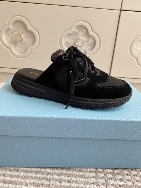 2025 Women Prada Black Nylon Leather Sneakers LY00290