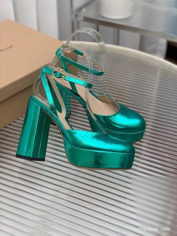 2025 Women Gianvito Rossi Metallic Green Leather Platform Sandals