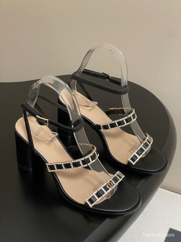 2025 Women Dior Black Leather Crystal Embellished High Heel Sandals