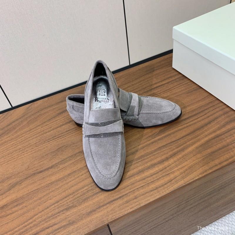 2025 Men Brunello Cucinelli Grey Suede Loafers Handcrafted Leather Sole KFY00300(M)