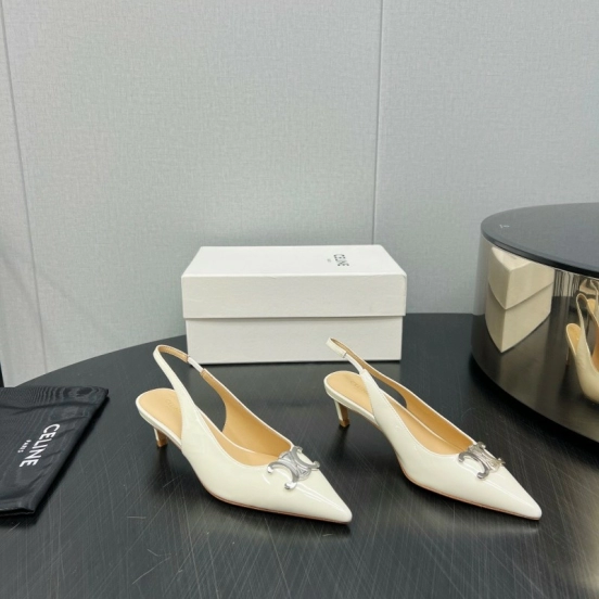 2025 Women Celine White Patent Leather Kitten Heel Pointed Toe Trimed KFY00290