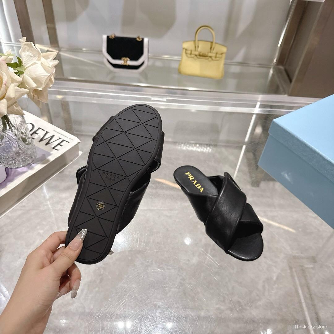 2025 Women Prada Black Leather Slippers