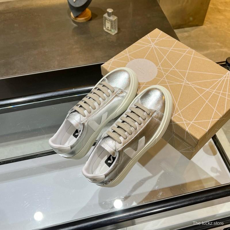 2025 Unisex VEJA Silver Leather Canvas Vulcanized Sneakers MJ00240