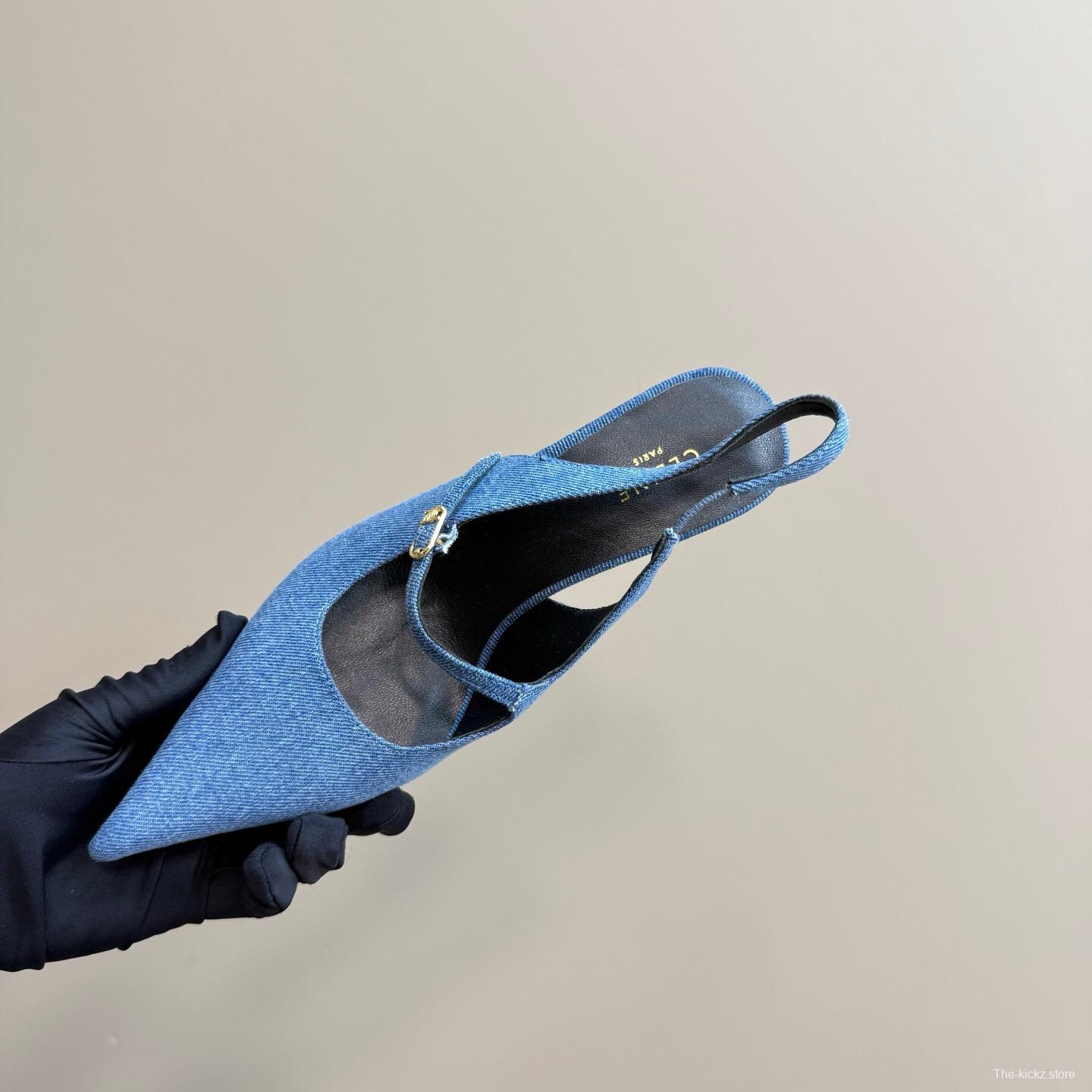 2025 Women CELINE Blue Denim Suede Slingback Pumps KFY00290