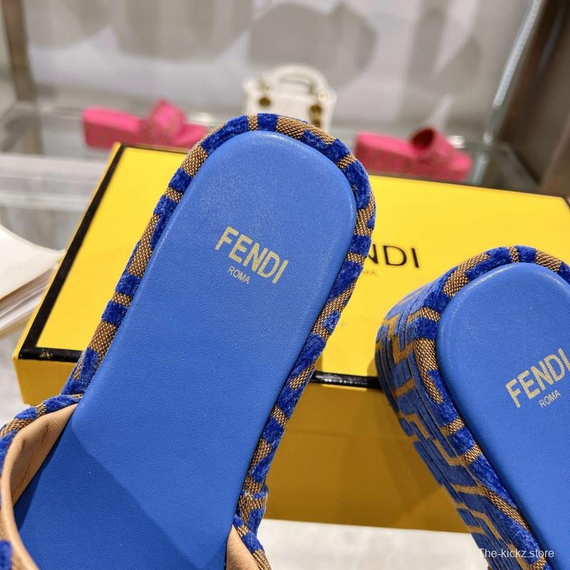 2025 Fendi Blue Brown Canvas Slippers
