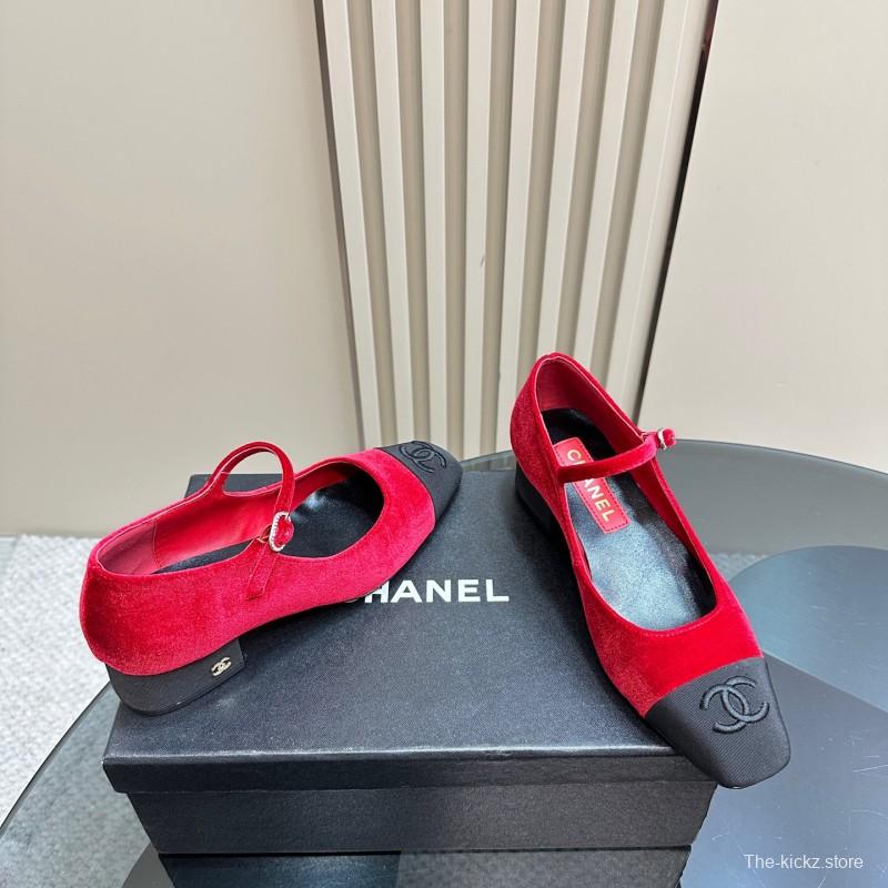2025 Women Chanel Red Black Suede Leather Mary Jane Exclusive KFY00290