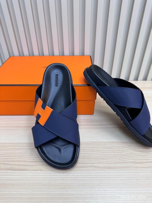 2025 Slippers Hermès Navy Orange Leather Cross Strap