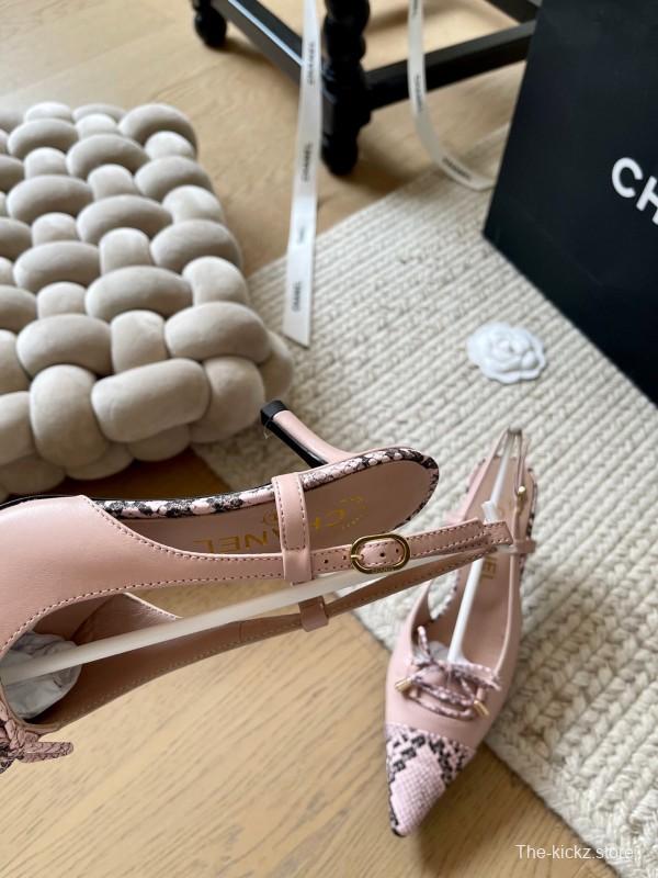 2025 Women Chanel Pink Python Leather Bow High Heels KFY00320