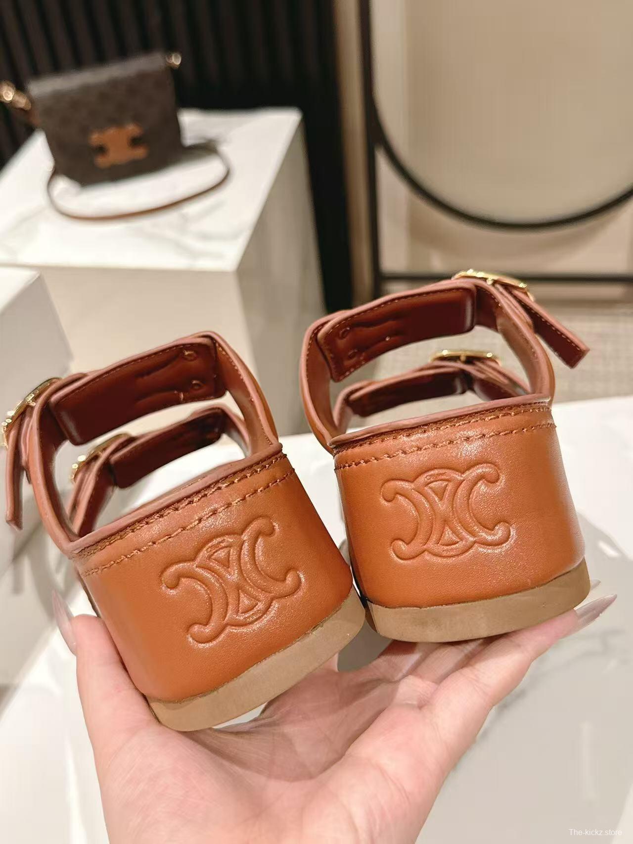 2025 Women Celine Brown Leather Platform Sandals LY00300