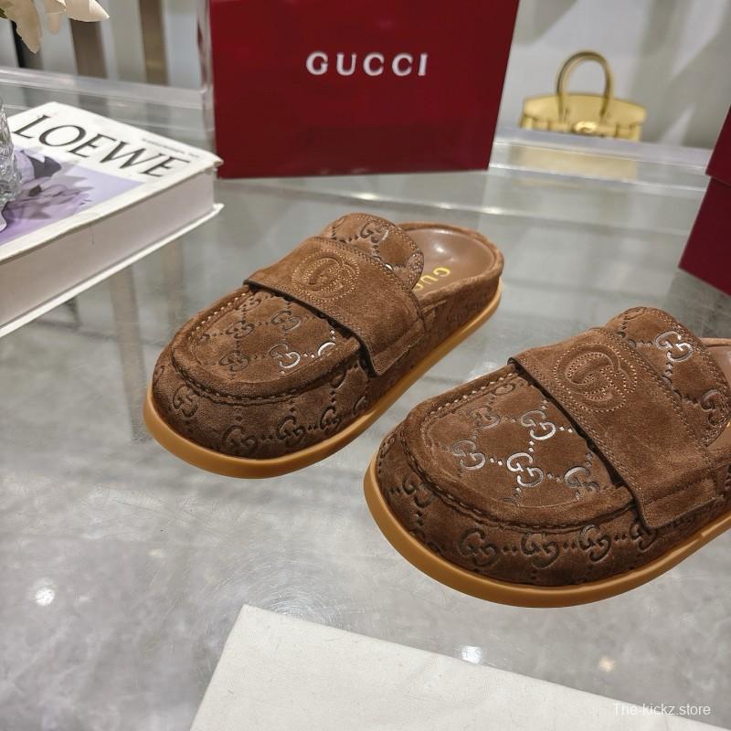 2025 Women Gucci Dark Brown Suede Mule Embossed GG LY00270