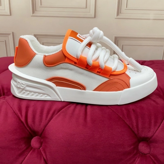 2025 Unisex Dolce & Gabbana Orange White Mesh Leather Sneakers