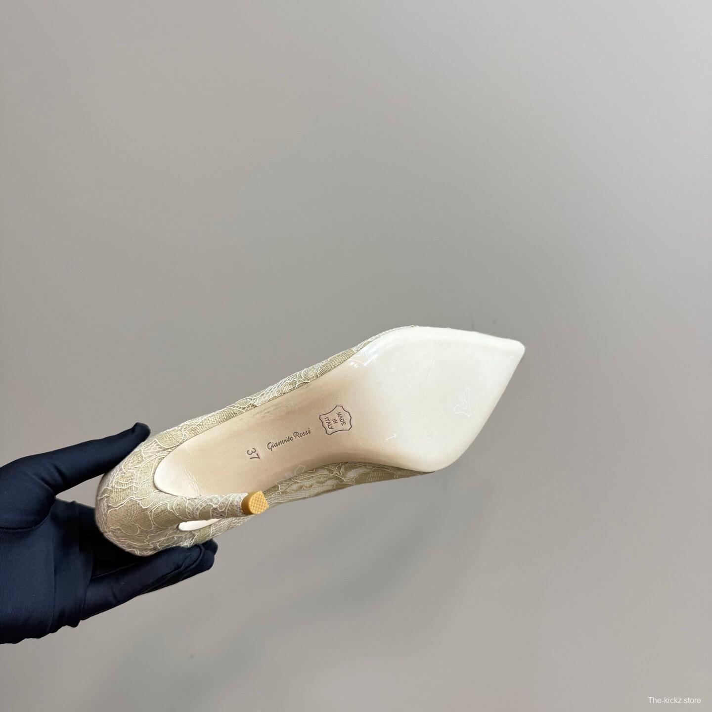 2025 Women Gianvito Rossi Beige Lace Leather High Heels KFY00280