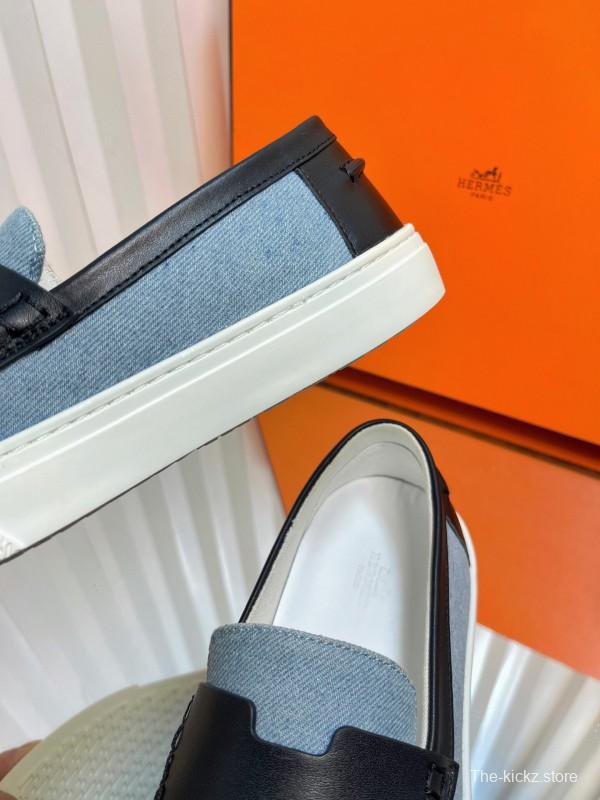 2025 Women Hermès Blue Black Leather Denim Loafers LY00310