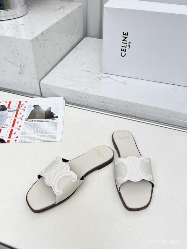 2025 Women Celine White Leather Slippers