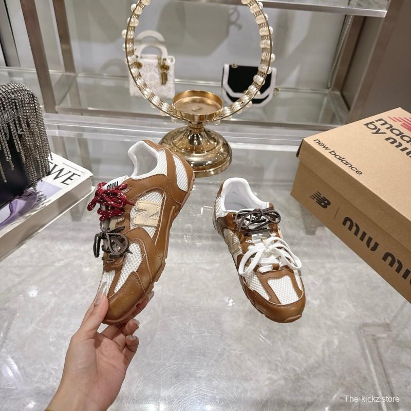 2025 Women Miumiu Brown White Leather Mesh Sneakers
