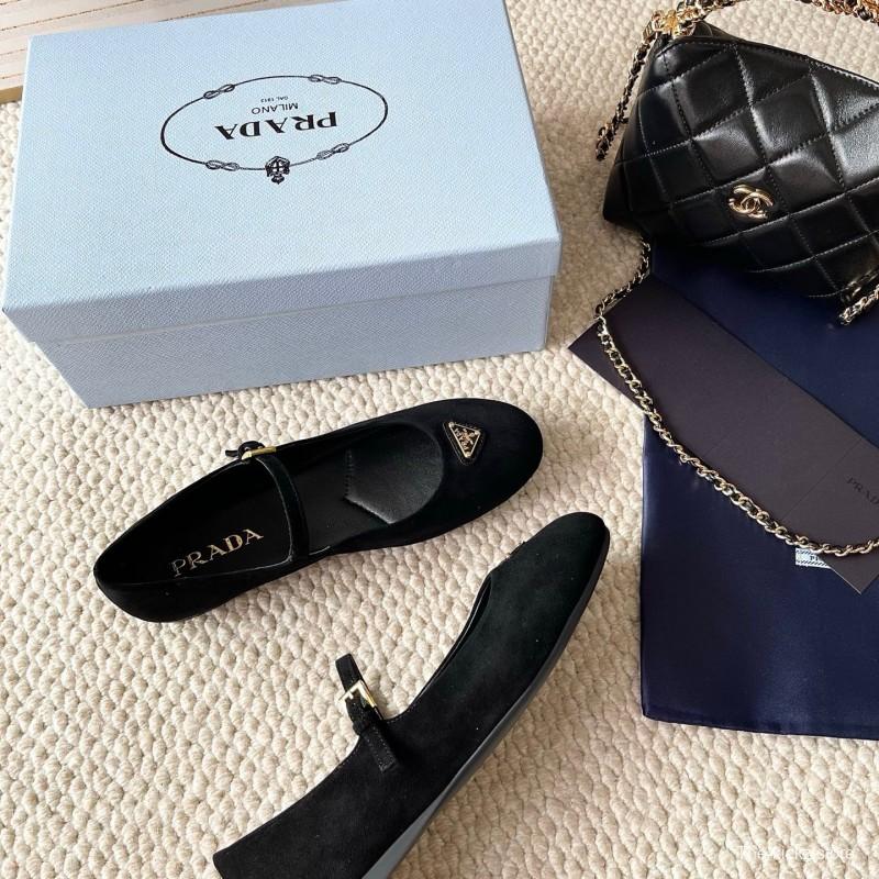 2025 Women Prada Black Suede Mary Jane Ballet Flat