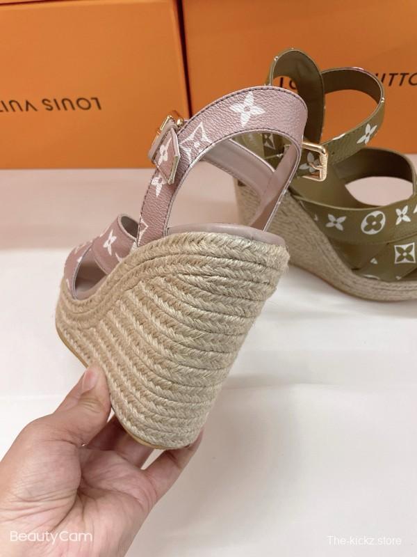 2025 Women Louis Vuitton Brown Beige Canvas Leather Wedge Sandals MJ00280